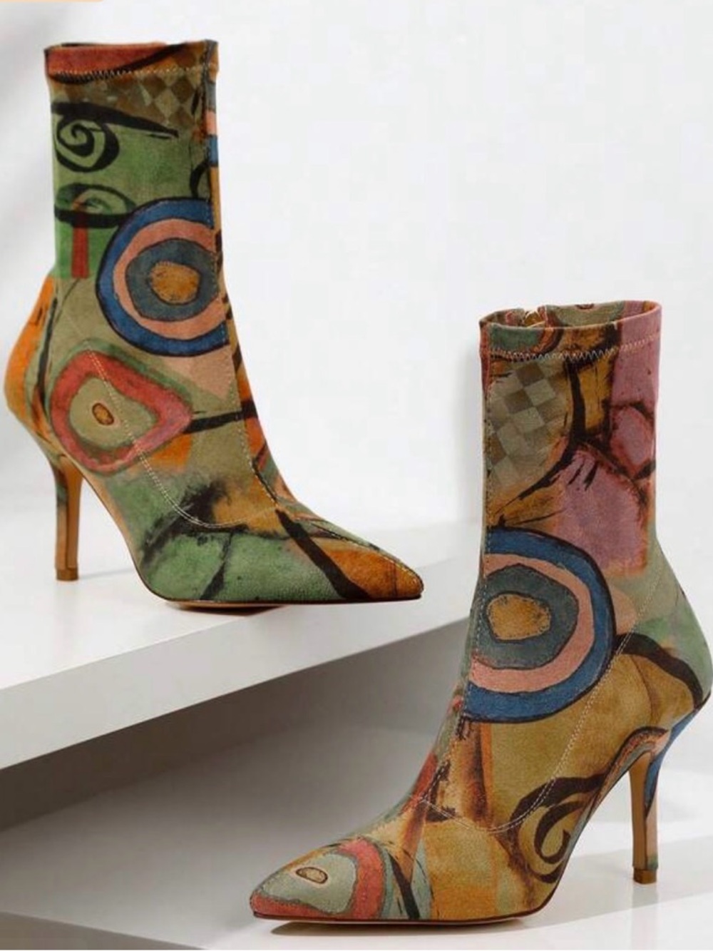 All Over Print Multicolor Abstract Pointed-Toe Stiletto Sock Bootie.